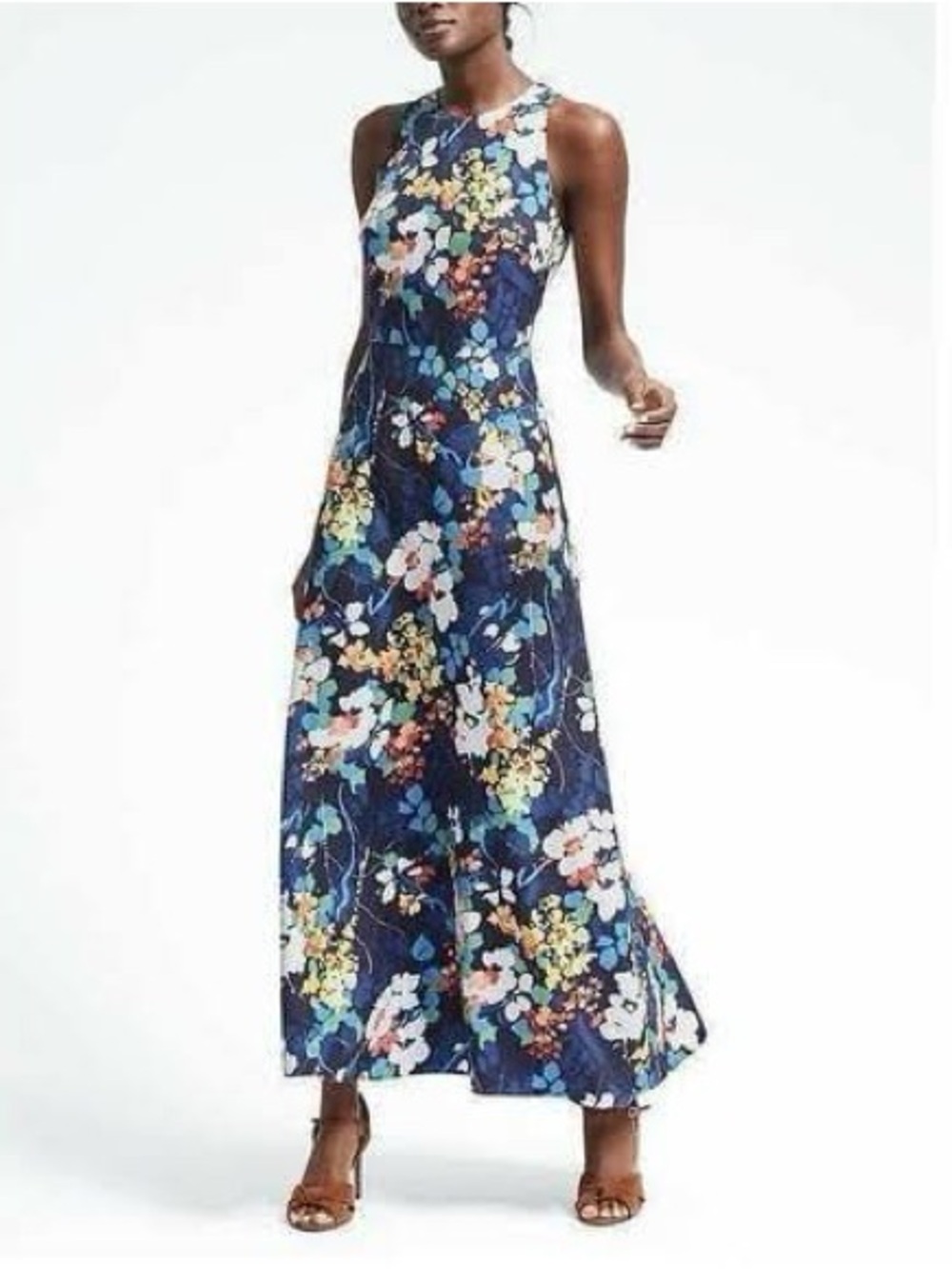 Banana Republic Navy Floral Sleeveless Midi Dress
